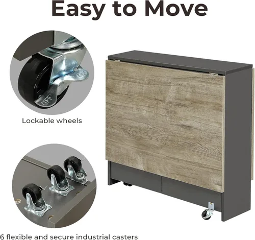 Miniatura 5 de Mesa de Comedor Plegable con Hoja Abatible con 6 Ruedas y Estante de Almacenamiento de 2 Niveles, Mesa que Ahorra Espacio para Espacios Pequeños