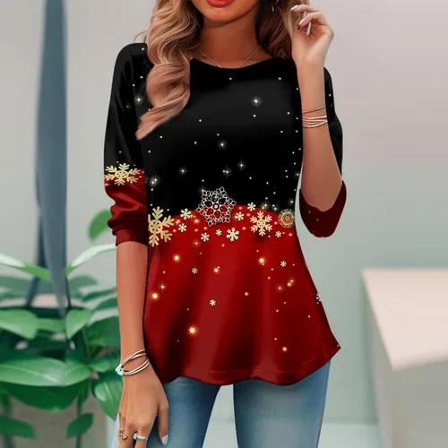 Miniatura 3 de RMXEi Camisetas de Navidad para mujer, de manga larga, cuello redondo, camisetas de Navidad para mujer, blusas de moda