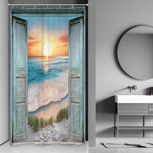 Riyidecor Cortina de ducha para puerta de granero verde azulado para decoración de baño, 36 pulgadas de ancho x 72 pulgadas de alto, paisaje