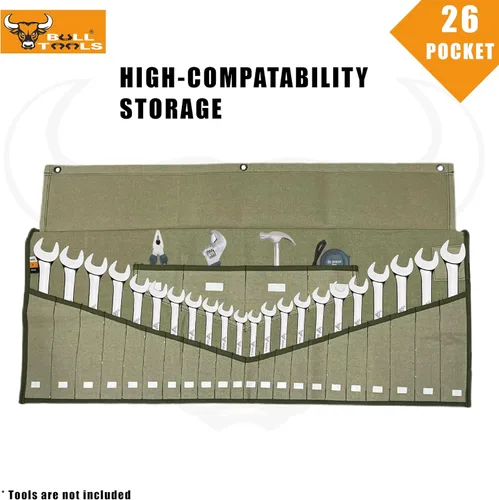 Miniatura 5 de BULL TOOLS Organizador de Rollo de Herramientas con 26 Bolsillos para Llaves, Métrico y SAE, Lona de Algodón Durable, Bolsa de Herramientas Oliva