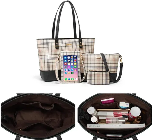 Miniatura 41 de Juego de 4 bolsas modernos para mujer de cuero sintético: bolso tote, bolso de hombro, bolso de mano y cartera.