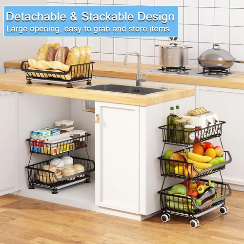 Miniatura 2 de Organizador de piso de despensa rodante de 3 niveles, carrito de almacenamiento de despensa apilable con ruedas, cestas de despensa de alambre