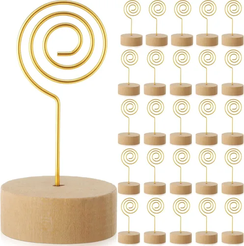 Miniatura 7 de 24 soportes de madera para números de mesa, alambre de metal con base de madera para una mejor estabilidad, soportes para tarjetas, centros de mesa