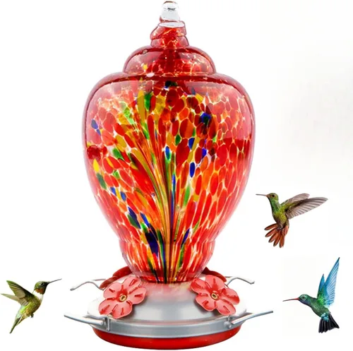 Miniatura 10 de WOSIBO Comedero para colibríes para exteriores, patio, grande, 32 onzas, comedero para colibríes de vidrio soplado a mano colorido con foso