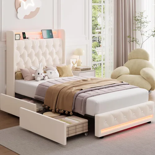Miniatura 8 de HIFIT Marco de cama tapizada tamaño individual LED con cabecera de estación de carga y 4 cajones de almacenamiento, marcos de cama de plataforma
