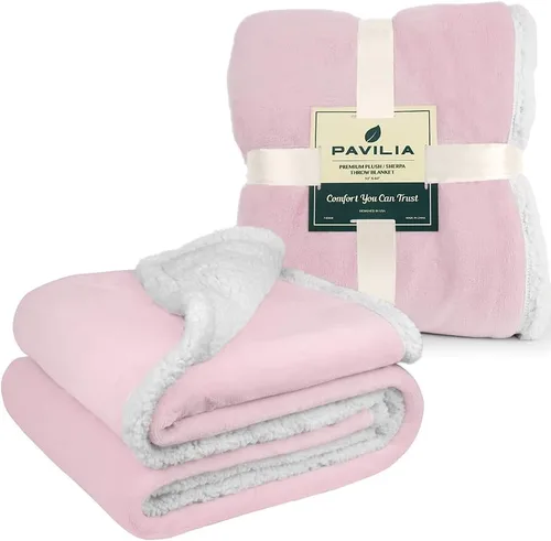 Miniatura 9 de PAVILIA Manta de Forro Polar Sherpa para Sofá, Tamaño Twin, Rosa Claro, Manta de Sofá de Felpa Suave y Esponjosa, Manta de Invierno Reversible