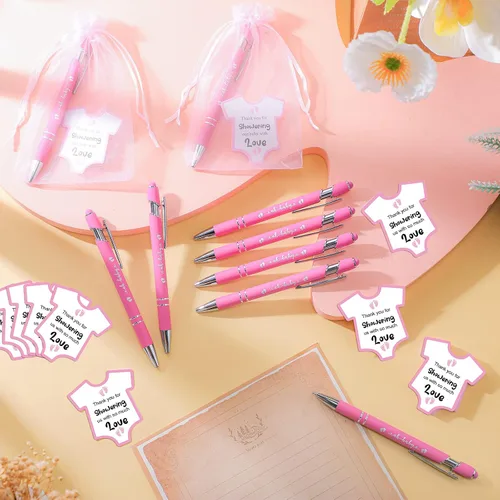 Miniatura 4 de Colarr Juego de 36 recuerdos de baby shower: bolígrafos rosados con tarjetas y bolsas de organza para invitados regalo y fiesta de revelación
