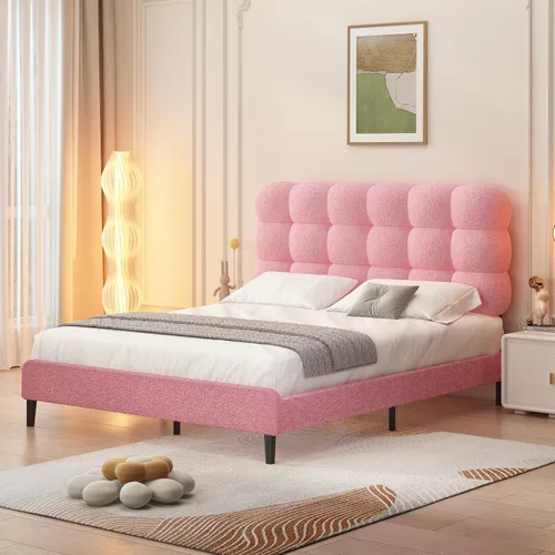 Miniatura 10 de Base de cama individual BarnFurin, cama plataforma con cabecero tapizado, base de cama de tela de bouclé suave con soporte de listones de madera