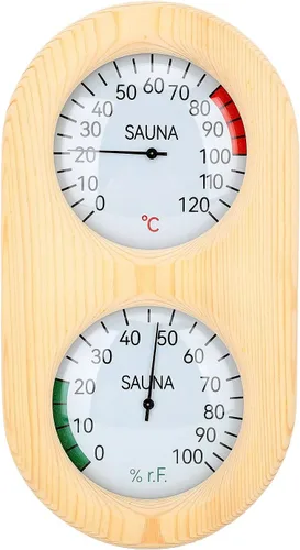 flexman Termómetro higrómetro para sala de sauna, 2 en 1 248.0 °F 100% madera montado en la pared, accesorios para sala de vapor y baño