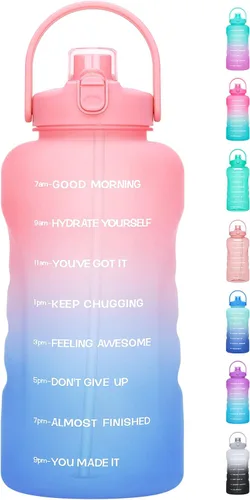 Miniatura 13 de Botella de agua de un galón con popote, 128 onzas (3.8 L), libre de BPA - Innovadora botella deportiva con tapa 2 en 1 con recordatorios Jacaranda