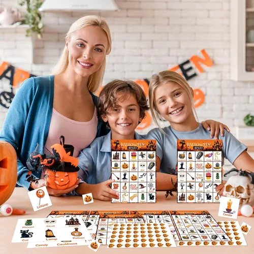 Miniatura 7 de V-Opitos Tarjeta de juego de bingo de Halloween de gran tamaño para niños y adultos, 6 x 8.5 pulgadas, 28 jugadores, juegos de Halloween