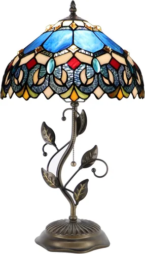 Miniatura 10 de Lámpara de mesa Tiffany, lámpara de escritorio estilo vidrio manchado, 12X12X19 Pulgadas, luz de lectura de mesita, base de hoja de metal