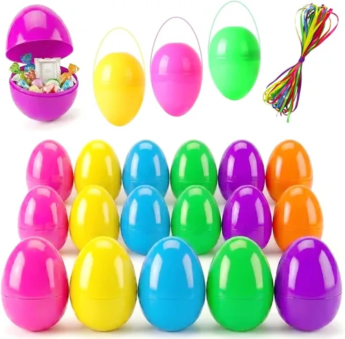 ROSAUI Paquete de 36 huevos de Pascua grandes rellenables (3.5 pulgadas), huevos de plástico de fondo plano con cintas, decoración colgante