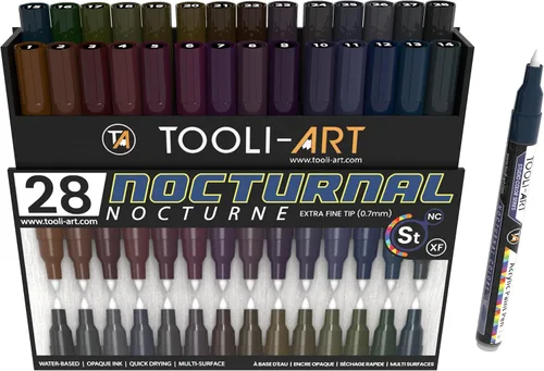 Juego de 28 rotuladores de pintura acrílica de colores nocturnos oscuros, juego de marcadores de la serie de colores de estudio de 0.028 in, punta