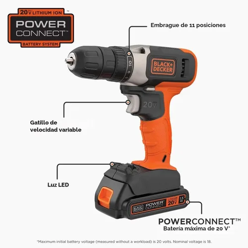 Miniatura 2 de BLACK+DECKER Kit de taladro inalámbrico de 20V MAX con batería, cargador, incluye broca de taladro de doble cara (BCD702C1)