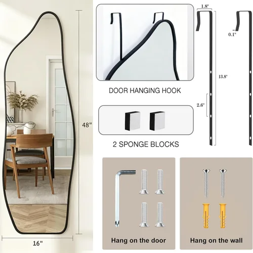 Miniatura 2 de Dolphin Shape Full Length Door Mirror 16"x48", Metal Frame with Protective Film, No-Drilling Hanging or Wall Mount, Hooks & Hardware Included, Full