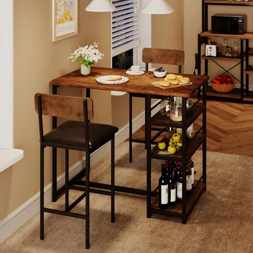 Miniatura 9 de Juego de mesa de comedor para 2 personas con 3 estantes de almacenamiento, juego de mesa de cocina de 3 piezas con 2 taburetes de bar tapizados
