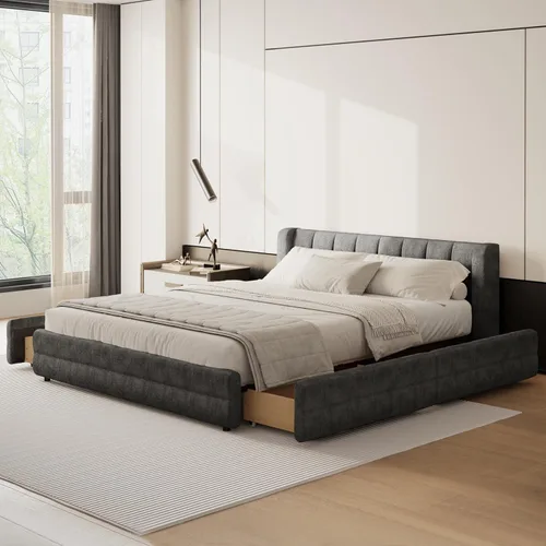 Miniatura 18 de DEINPPA - Marco de cama tamaño Queen con cabecero suave tipo nube, base de cama de madera con tapizado de chenilla, no necesita somier - Beige