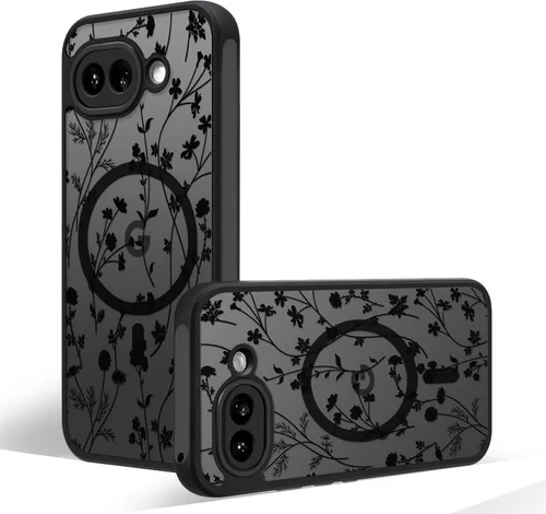 Miniatura 55 de Funda magnética para Google Pixel 10A [Compatible con MagSafe] Funda con patrón floral de flores negras para mujeres y niñas, con borde de TPU Rama