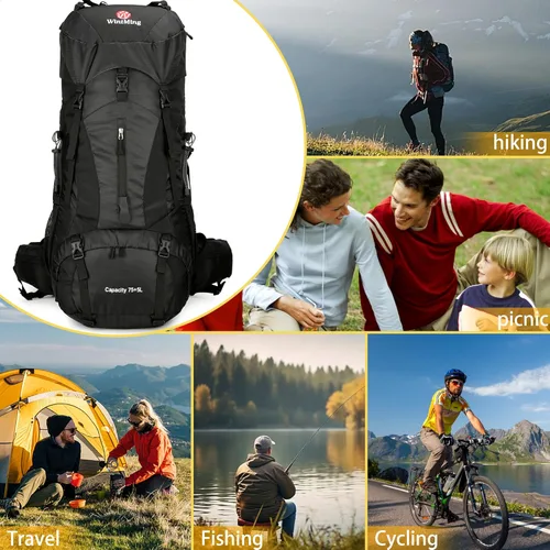 Miniatura 7 de Mochila de senderismo para hombres y mujeres, 70L+5L, impermeable, ligera, mochila de camping con cubierta de lluvia, sin marco (negro, b)