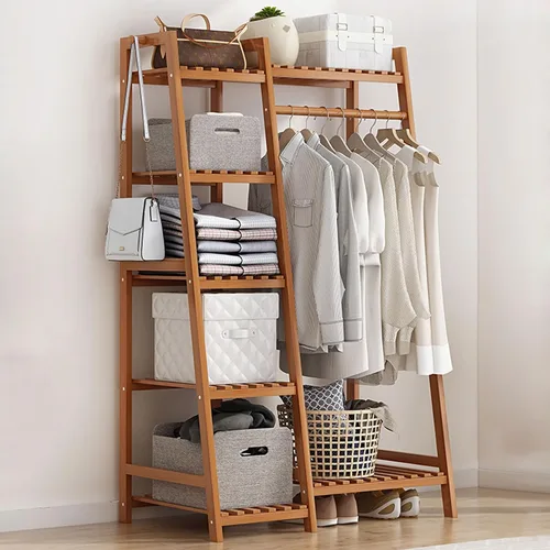 Miniatura 10 de Perchero de bambú para ropa, con estantes de almacenamiento y ganchos, organizador de almacenamiento de ropa abierto para entrada, dormitorio, sala