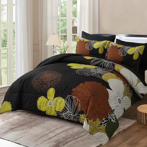 Miniatura 22 de Yiran - Juego de edredón de 7 piezas en una bolsa, edredón floral amarillo con flores, ropa de cama de microfibra suave, tamaño King