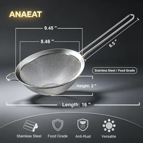 Miniatura 7 de Anaeat Coladores de malla fina, tamices de colador de acero inoxidable de alta calidad, con malla duradera y mango resistente, excelentes para 9.45