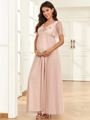 Miniatura 3 de Ever-Pretty Vestido de maternidad para sesión de fotos de maternidad con cuello en V y lentejuelas plisadas con mangas con volantes para mujer