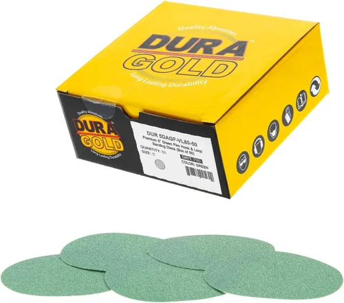Dura-Gold Discos de lijado de película verde de 5 pulgadas de alta calidad - Grano 80 (caja de 50) - Discos de papel de lija con respaldo de gancho