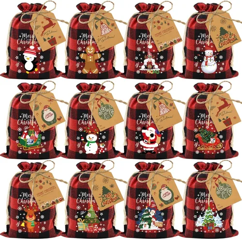 72 bolsas de regalo navideñas medianas de algodón con cordón de cuadros búfalo, bolsas de dulces navideños de algodón, bolsas pequeñas de tela Medio
