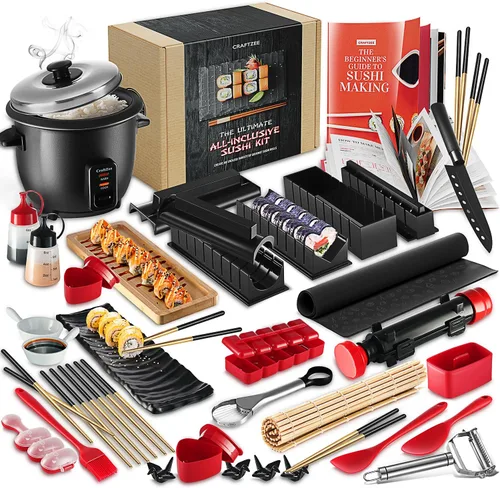 Kit de fabricación de sushi todo en uno 𝗣𝗥𝗘𝗠𝗜𝗨𝗠 de CraftZee para principiantes y profesionales - Juego de fabricación de sushi con arrocera,