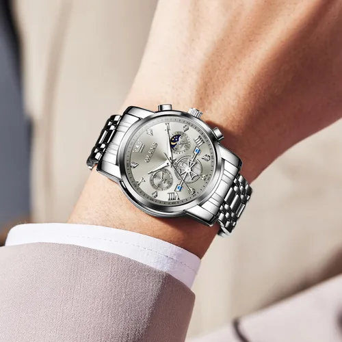 Miniatura 8 de OLEVS Relojes para hombre de acero inoxidable con cronógrafo, reloj de pulsera grande analógico de cuarzo, relojes de vestir impermeables de moda