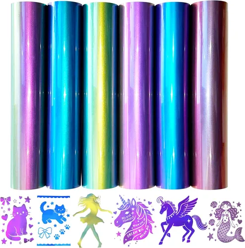 Paquete de 6 vinilos de transferencia de calor Camaleón Camaleón con degradado de cambio de color PU HTV para camisetas fáciles de cortar y
