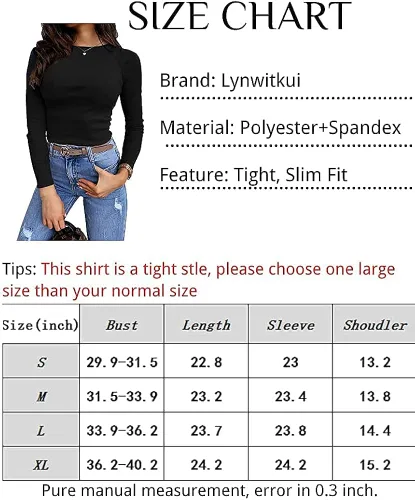 Miniatura 4 de Lynwitkui Blusa de manga larga para mujer elástica entallada acanalada con corte liso básica