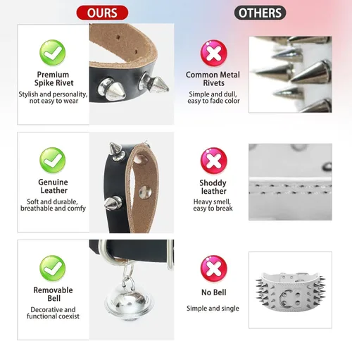 Miniatura 6 de BINGPET Collar de piel con clavos para gatos con campanas, collar de perro tachonado con hebilla, collares góticos suaves para gatitos con púas