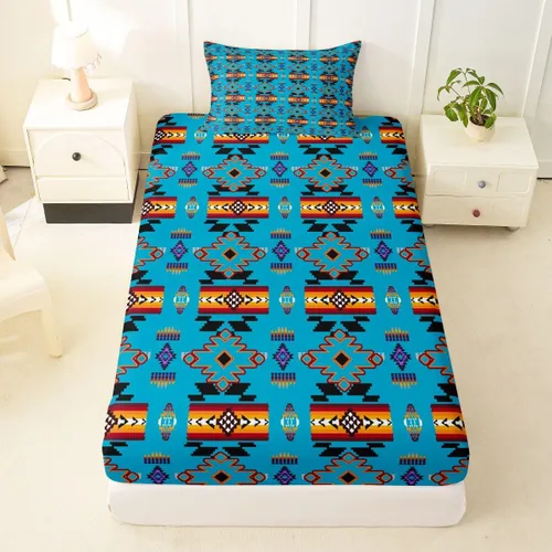 Miniatura 70 de Juego de ropa de cama occidental tamaño individual, sábanas aztecas, estilo nórdico exótico, bohemio, sábana bajera ajustable de tribu india