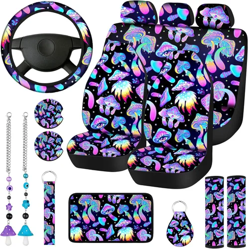 Miniatura 10 de 17 piezas de fundas de asiento de coche con diseño de hongos, accesorios completos para automóviles para mujeres y hombres, protector de asiento