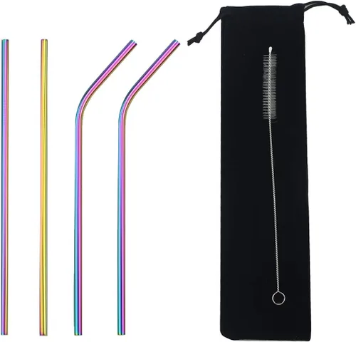 Pajitas de metal de acero inoxidable de 8.5 pulgadas, juego de 4 popotes reutilizables – Cepillo de limpieza de color ultra largo para 20/30 onzas