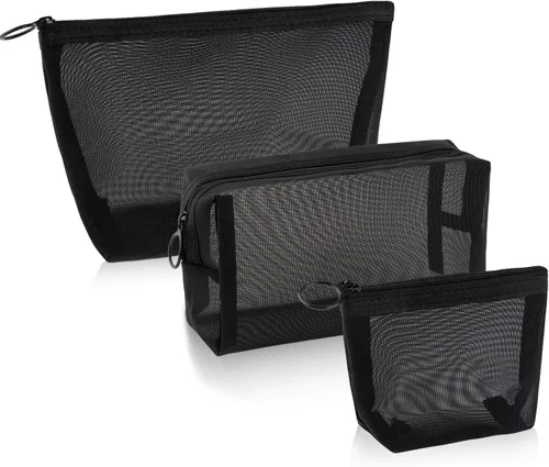 Bolsa de cosméticos de malla de 3 piezas de Boao, bolsa de maquillaje de malla con bolsa con cremallera, artículos de aseo de viaje para organizador