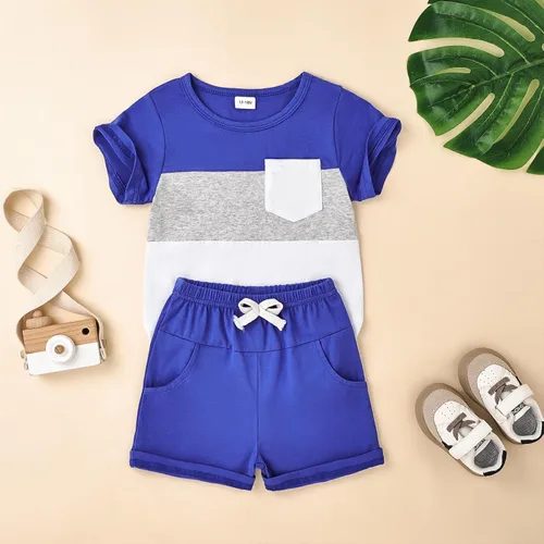 Miniatura 26 de Ropa para bebé niño pequeño, trajes de verano de manga corta, camiseta de retazos y pantalón con bolsillo, conjunto de 2 piezas, 12 meses a 4 años