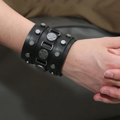 Miniatura 2 de Pulsera ancha de cuero con cinturón ancho para hombre, estilo punk, rock, moto