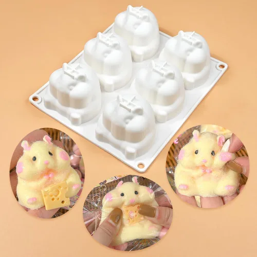 Miniatura 2 de Molde de silicona 3D para pastel de mousse, molde de silicona con forma de animal de hámster, 6 cavidades, molde de silicona flexible de fácil