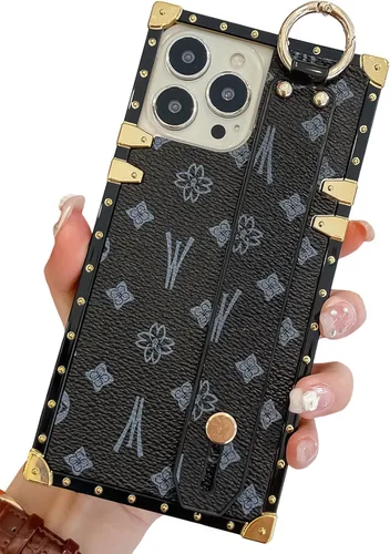 Miniatura 12 de Funda rectangular de cuero compatible con 11 con correa para muñeca, funda de diseñador de lujo para mujeres y niñas, funda protectora con soporte