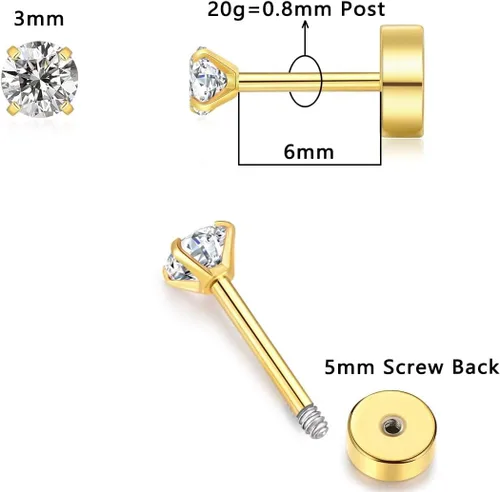 Miniatura 10 de Aretes de tuerca de circonita cúbica pequeña de 0.118 pulgadas, aretes de tuerca de oro de 14 quilates con circonita cúbica para cartílago, hélix