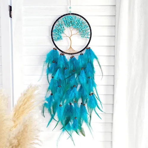 Miniatura 6 de Atrapasueños, Atrapasueños Árbol de la Vida Decoración de Pared, con Piedra de Cristal Curativo Natural, Atrapasueños Perfecto Turquesa Hecho a Mano