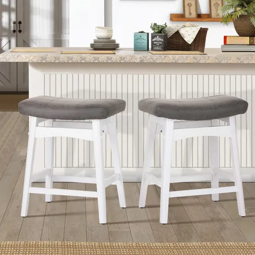 Miniatura 24 de ALPHA HOME Taburete de bar, taburete de cocina de silla de montar de madera maciza con cojín de tela de lino beige, taburete de bar de altura