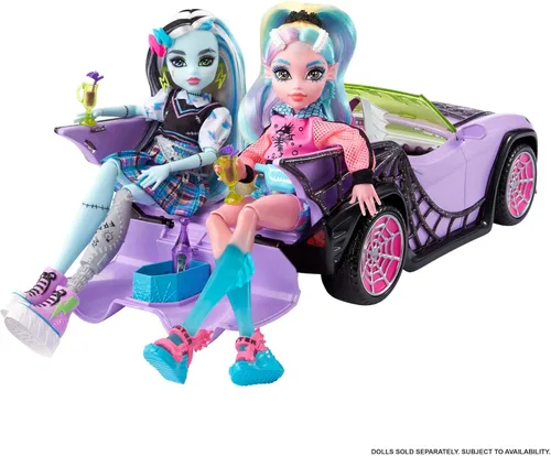 Miniatura 7 de Coche de juguete Monster High, vehículo Ghoul con accesorios para mascotas y enfriadores, convertible púrpura con detalles de telaraña