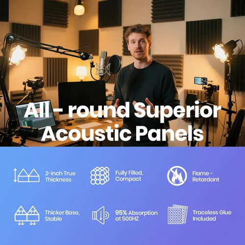 Miniatura 6 de Focusound Paneles acústicos, paquete de 24 unidades de 2 x 12 x 12 pulgadas con 120 adhesivos de doble cara, espuma piramidal a prueba de sonido