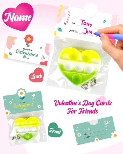Miniatura 3 de Paquete de 56 juguetes para ansiedad y tarjetas prellenadas para el día de San Valentín para el aula de los niños, mini juguetes