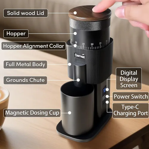 Miniatura 7 de Wirsh Geimori T38 - Molinillo de café eléctrico portátil, con batería de 3600 mAh y ajuste continuo para expreso, vertido, prensa francesa, dosis